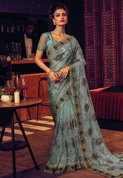 Net Saree with blouse in Sky blue colour 6711