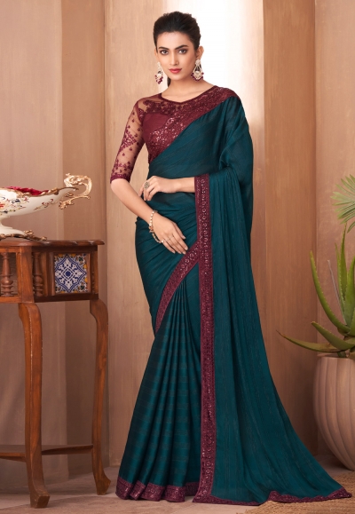 Silk Saree with blouse in Teal colour 1111