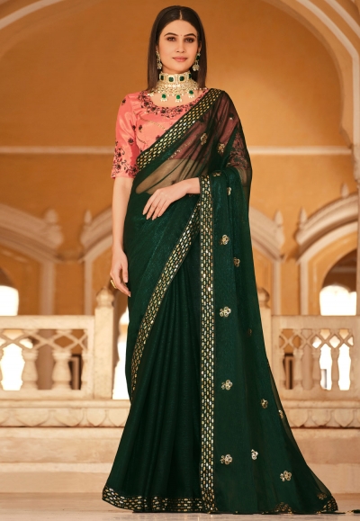 Chinon Saree with blouse in Green colour 5434