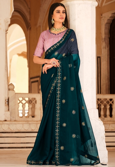 Chinon Saree with blouse in Teal colour 5432