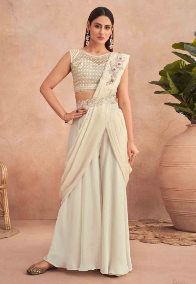 Silk designer lehenga Saree in Cream colour 7306