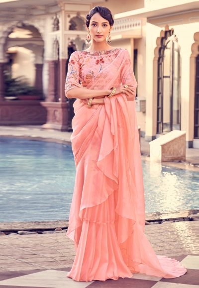 Organza Saree with blouse in Peach colour 48001