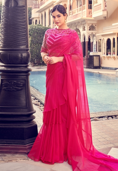 Organza Saree with blouse in Magenta colour 48004