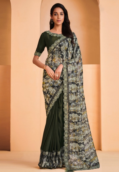 Satin crepe Saree with blouse in Camo green colour 22905