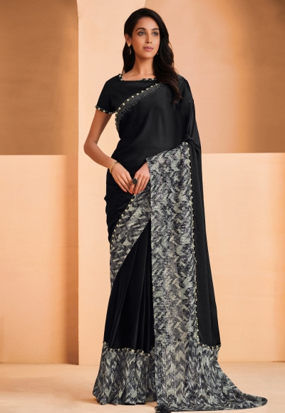 Satin crepe Saree with blouse in Black colour 22909