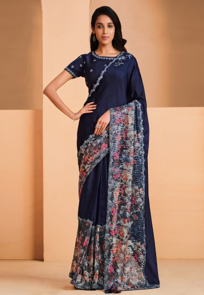 Satin crepe Saree with blouse in Navy blue colour 22910