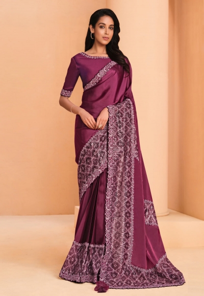 Satin crepe Saree with blouse in Wine colour 22911