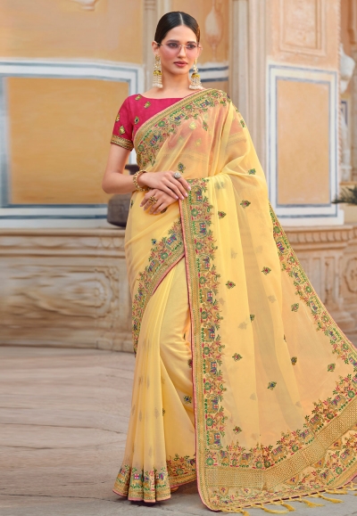 Organza Saree with blouse in Yellow colour 4114