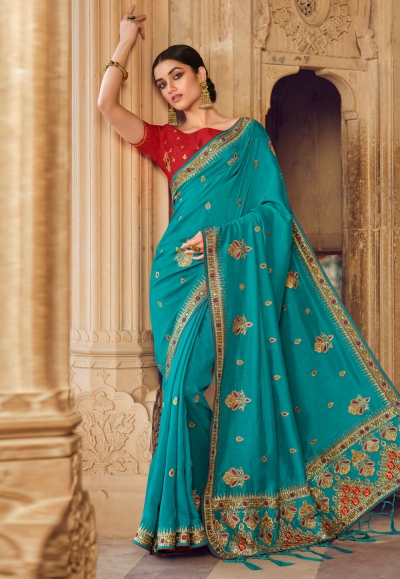 Silk Saree with blouse in Turquoise colour 4117