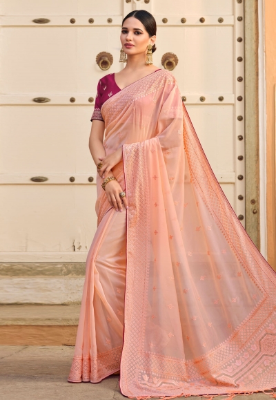 Organza Saree with blouse in Peach colour 4122