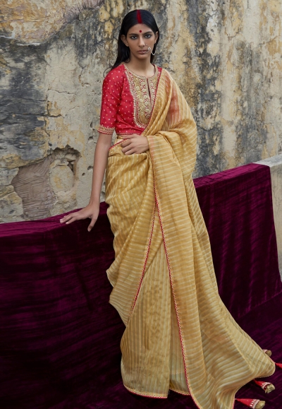 Organza Saree with blouse in Yellow colour 2094