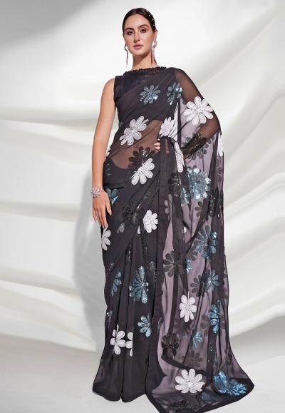 Georgette Saree with blouse in Black colour 3876