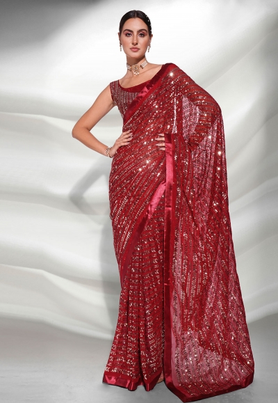 Georgette Saree with blouse in Maroon colour 3874