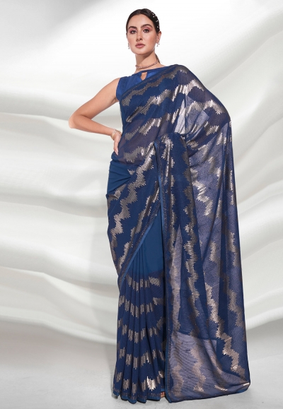 Georgette sequence Saree in Navy blue colour 3943