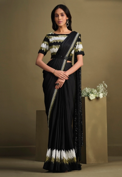 Crepe silk designer Saree in Black colour 23004