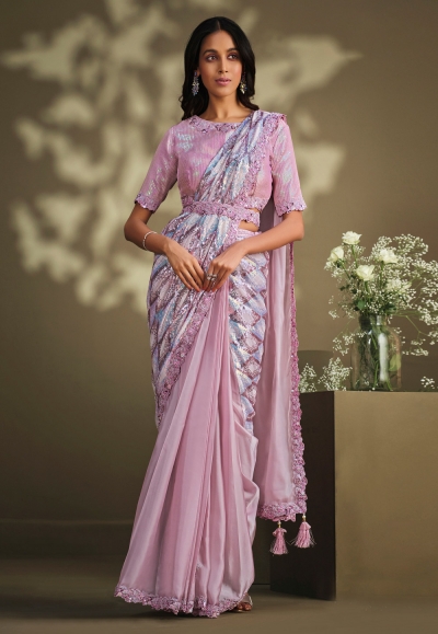 Crepe Saree with blouse in Pink colour 23005