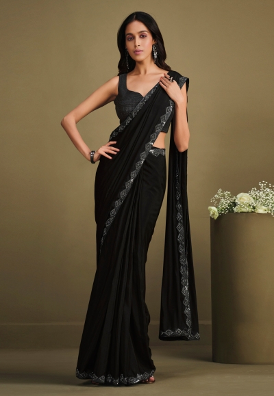 Crepe silk designer Saree with jacket in Black colour 23012