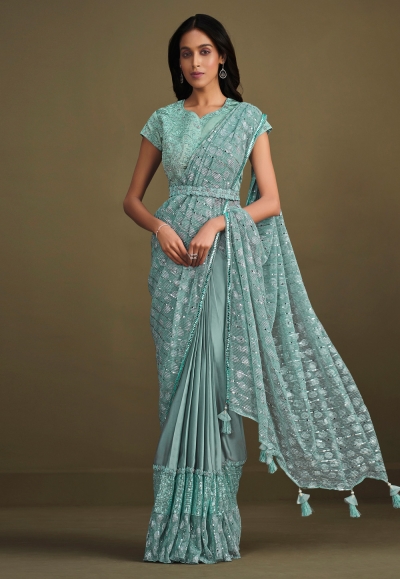 Crepe silk Saree with blouse in Sky blue colour 23013