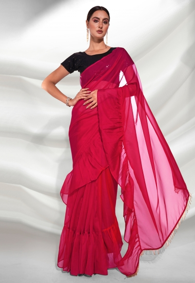 Organza ruffle border Saree with blouse in Magenta colour 5221