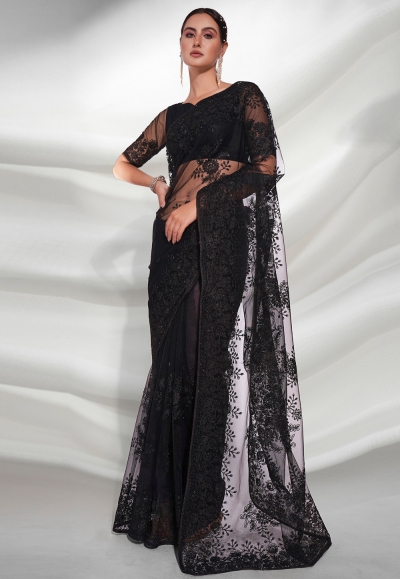 Soft net Saree with blouse in Black colour 5227
