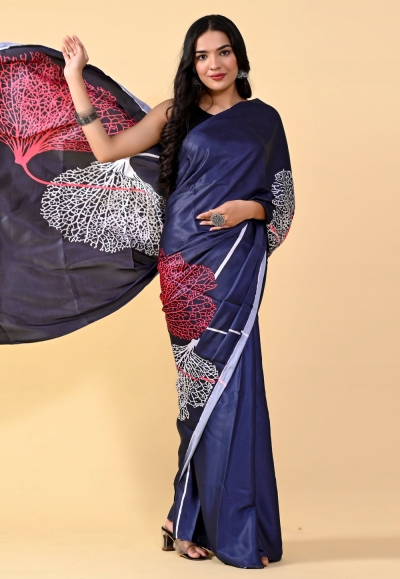 Satin silk Saree with blouse in Navy blue colour 207