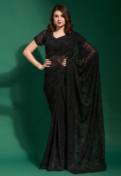 Georgette Saree with blouse in Black colour 8031