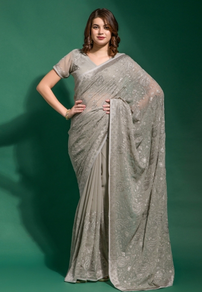 Georgette Saree with blouse in Grey colour 8024