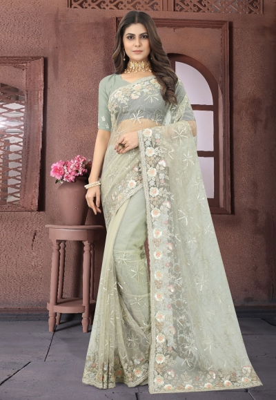 Net Saree with blouse in Pista green colour 6895