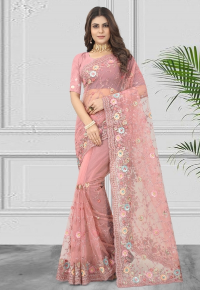 Net Saree with blouse in Pink colour 6897