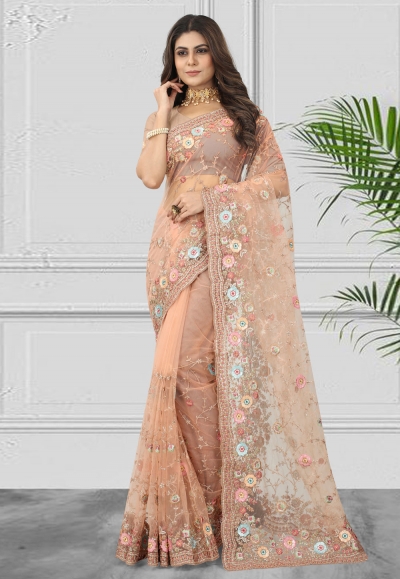 Net Saree with blouse in Peach colour 6899