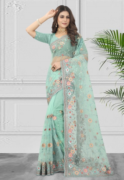 Net Saree with blouse in Sea green colour 6898