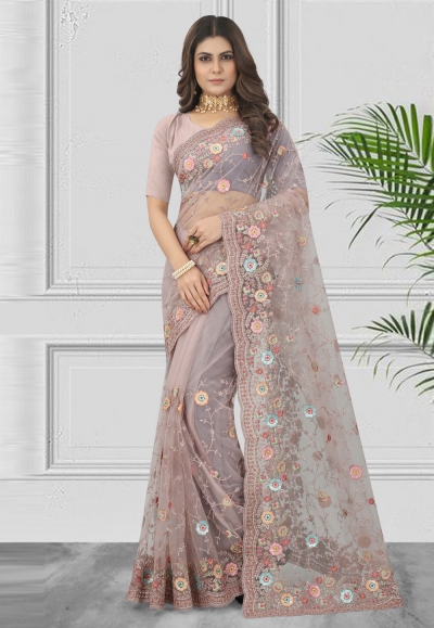 Net Saree with blouse in Grey colour 6896