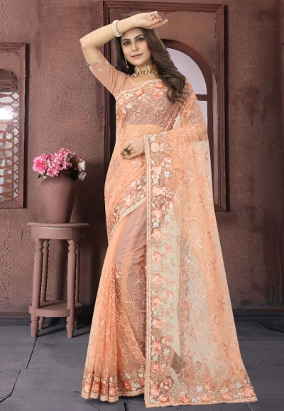 Net Saree with blouse in Peach colour 6894