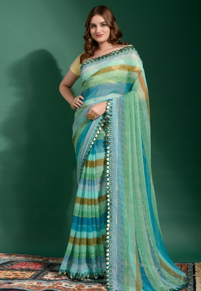 Chiffon Saree with blouse in Sky blue colour 2013