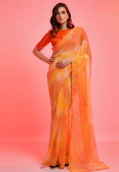 Chiffon Saree with blouse in Orange colour 6021