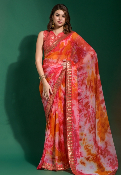 Chiffon Saree with blouse in Pink colour 219