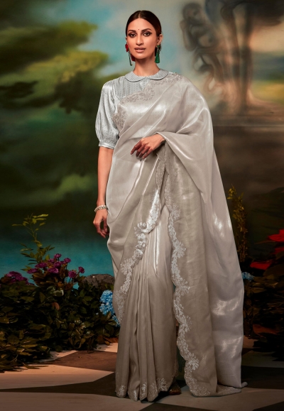 Organza Saree with blouse in Brown colour 5245D