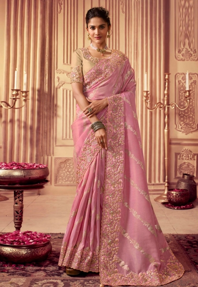 Chinon Saree with blouse in Pink colour 8006