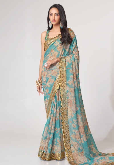 Organza floral print Saree in Sky blue colour 1109