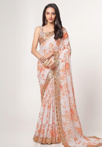 Organza floral print Saree in White colour 1101