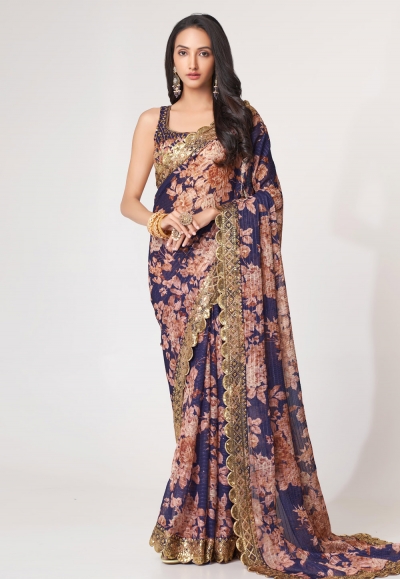 Organza Saree with blouse in Navy blue colour 1108
