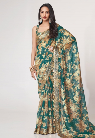 Organza Saree with blouse in Teal colour 1106