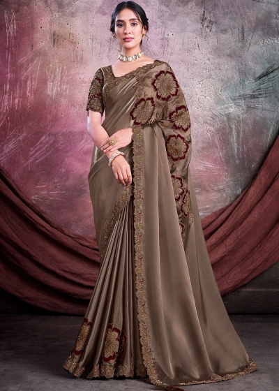 Organza Crepe silk Saree with blouse in Brown color