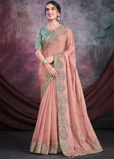 Shimmer organza silk Saree with blouse in Peach color