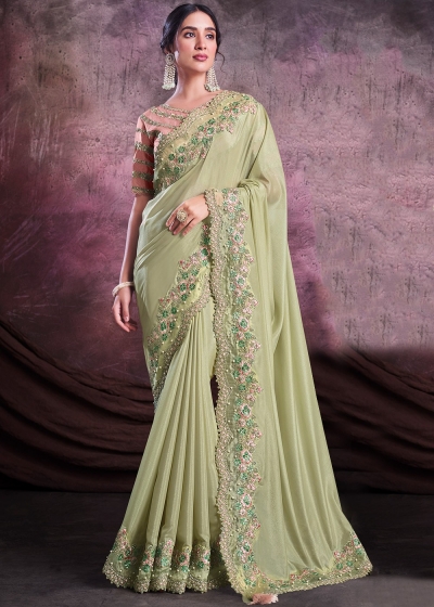 Shimmer silk georgette Saree with blouse in Pista green color