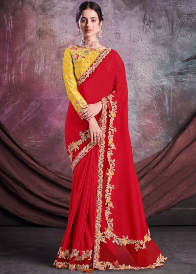 Satin silk Wedding Saree with blouse in Red color