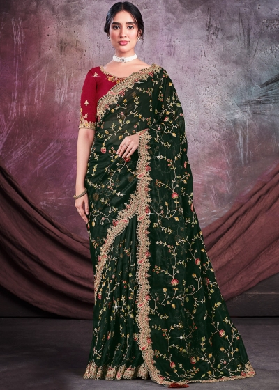 Net Organza Saree with blouse in Green color