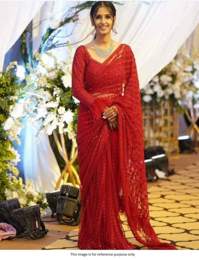 Bollywood model net Red fancy work wedding saree