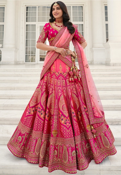 Woven Jacquard silk Rani Pink heavy wedding lehenga choli