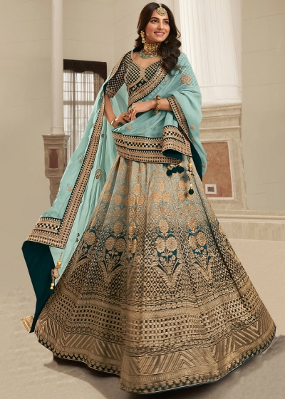 Woven Jacquard silk lehenga choli in Sky blue and Teal Green color